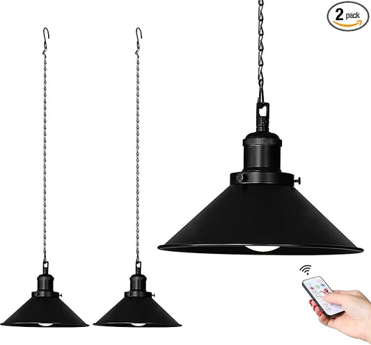 Bailoch 2 Pack Black Portable Battery Operated Hanging Lights, Rechargeable Wireless Outdoor Pendant Light with Remote, Battery Powered Chandelier Lantern Fixture for Indoor Outdoor Gazebo Porch Patio