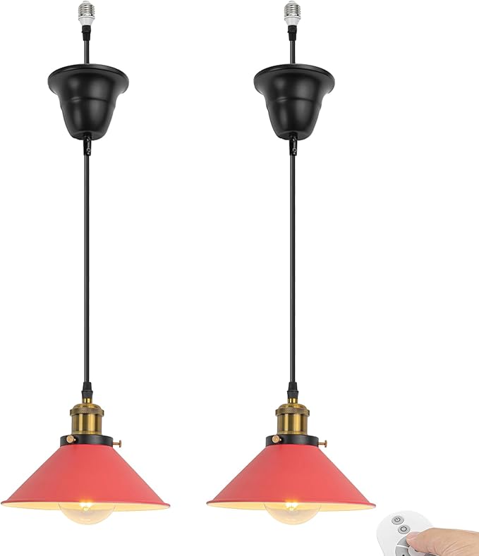 2 Pcs Ceiling Light Conversion Dimmable Pendant E26 Base Connections Metal Red Cone Shade Industrial Style Adjusted 3.2ft Wire Conversion Kit for E26 Spot Light