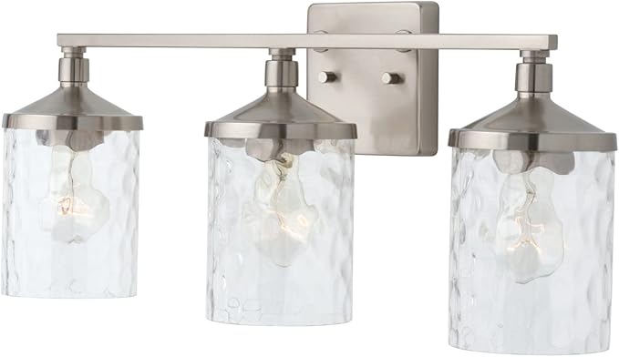 HomePlace Lighting 128831BN-451 Colton Mid-Century Clear Water Glass Bathroom Vanity Wall Light, 3-Light 300 Total Watts, 10" H x 24" W, Brushed Nickel
