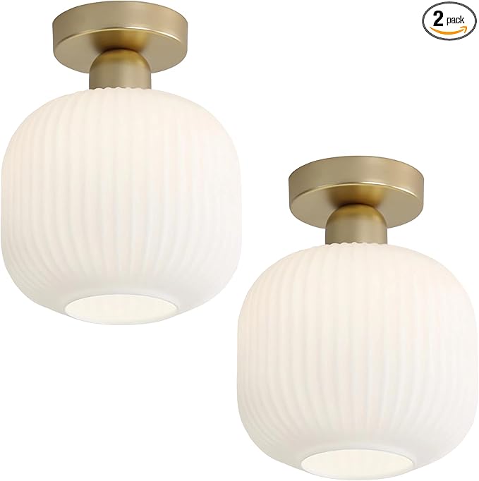KCO Lighting Small Bedroom Ceiling Lights Milk Glass Flush Mount Ceiling Light Set of 2 Vintage Gold Ceiling Lamps Mid Century Modern Semi Flush Mount Ceiling Light (2 Pack)