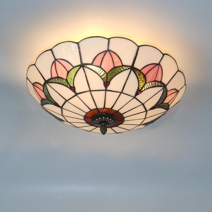 Tiffany Style Ceiling Light 16 Inch Stained Glass Flush Mount Ceiling Light for Bedroom Chandelier Vintage Pendent Light Fixtures (16 Inch White Pink)