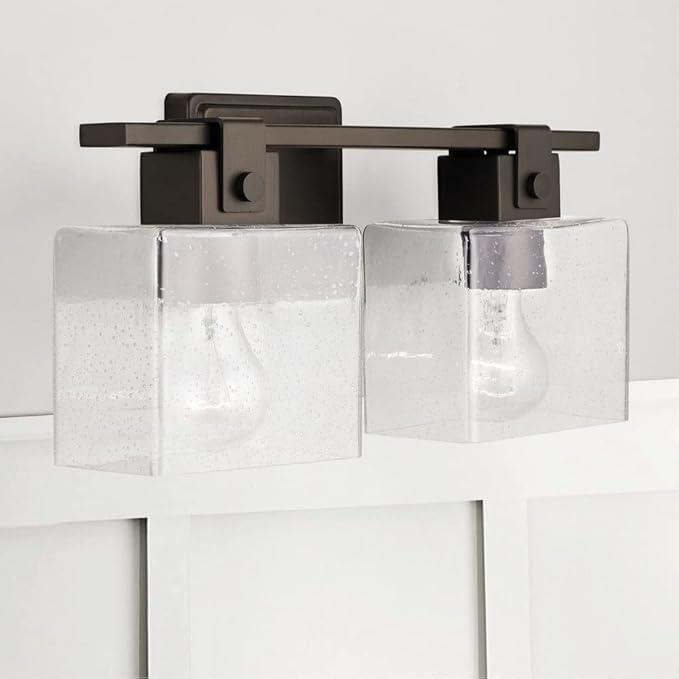 Capital Lighting 139124OR-498 Graham Unique Rectangular Clear Seeded Glass Bath Vanity Wall Mount, 2-Light 200 Total Watts, 8" H x 16" W, Oil Rubbed Bronze