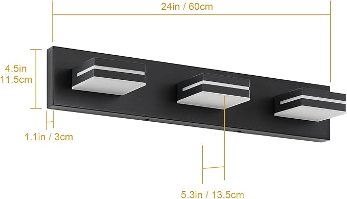 SineRise LED Modern Bathroom Vanity Light Fixtures, Dimmable Matte Black Modern Acrylic Bathroom Wall Lighting Fixtures Over Mirror (Cool White 6000K)