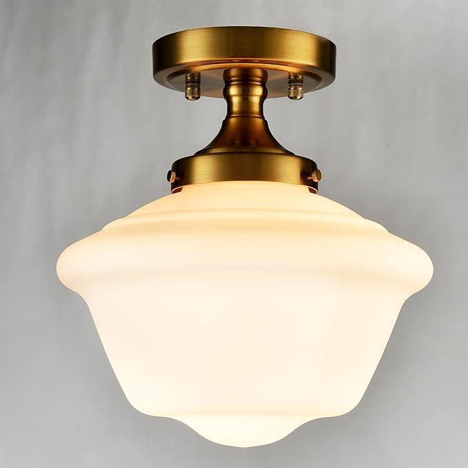 SAMTEEN Gold Semi Flush Mount Ceiling Light Modern Schoolhouse Ceiling Light Fixture Milk White Glass Flush Mount Light for Hallway Bedroom Kitchen Living Room, 10 Inches