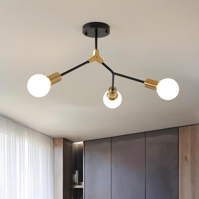 Modern Sputnik Semi Flush Mount Ceiling Light Fixture Gold and Black,Metal Minimalist Mid Century 3 Light Chandelier for Kitchen Dining Room Bedroom Hallway Entryway Foyer