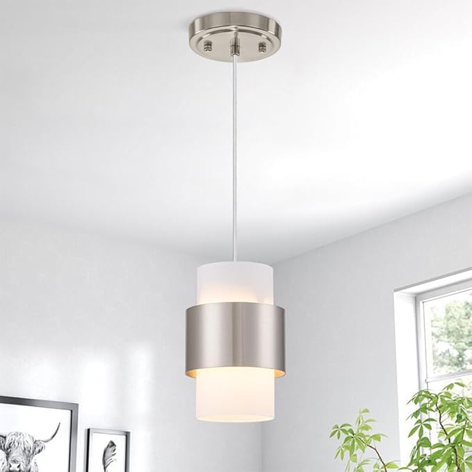 Modern Pendant Lighting, Nickel Hanging Light Fixtures for Kitchen Island Hallway Porch Corridor Bedroom with Frosted Glass Shade, 1 Light