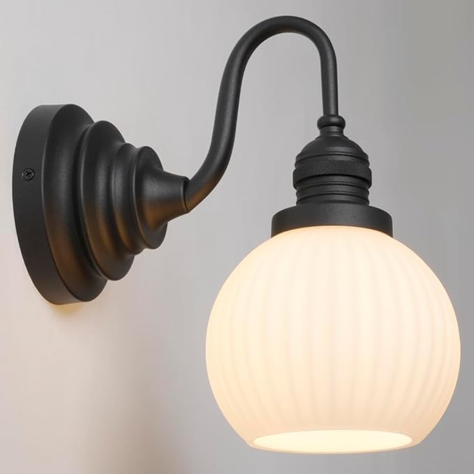 Vintage Wall Sconce Light Farmhouse Black Bathroom Vanity Light with Frosted Milk White Glass Shade Hardwire Sconce Indoor Wall Lamp Fixture for Bathroom Mirror Living Room Bedroom Kitchen
