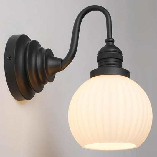 Vintage Wall Sconce Light Farmhouse Black Bathroom Vanity Light with Frosted Milk White Glass Shade Hardwire Sconce Indoor Wall Lamp Fixture for Bathroom Mirror Living Room Bedroom Kitchen