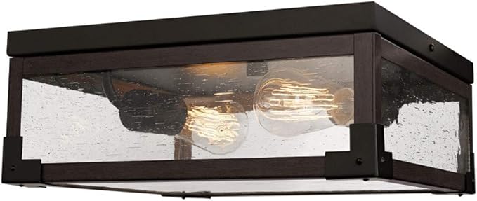 GLOBE Electric 65917 2-Light Flush Mount Ceiling Light, Dark Bronze, Dark-Wood Finish Accents, 5 Seeded Glass Panes, Bedroom Lighting Fixtures Ceiling, Lighting for Hallway or Dining Room