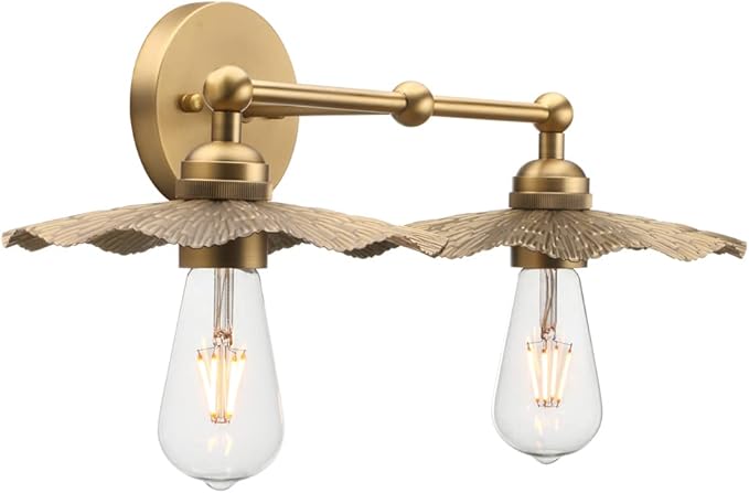 Pathson 2-Head Wall Sconce Lamps Flower Design, Brass Bathroom Vanity Wall Light Above Mirror Lighting Fixture, Hardwired Metal Home Decor for Living Room Farmhouse Kitchen Lights