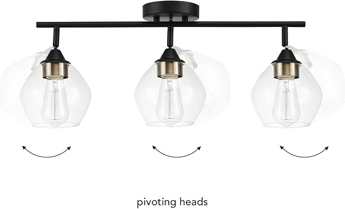 Globe Electric 59619 Harrow 3-Light Track Lighting, Matte Black, Antique Brass Accents, Clear Glass Shades, Bulbs Included, 650 Lumen