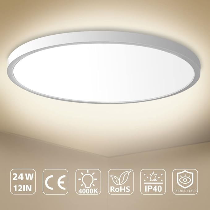 inShareplus LED Flush Mount Ceiling Light Fixture, 3200ML 4000k Natural White 12 Inch Flat Modern Ceiling Lighting, 24W(240W Equivalent), Used in Bedroom, Bathroom, Kitchen, Corridor, Etc
