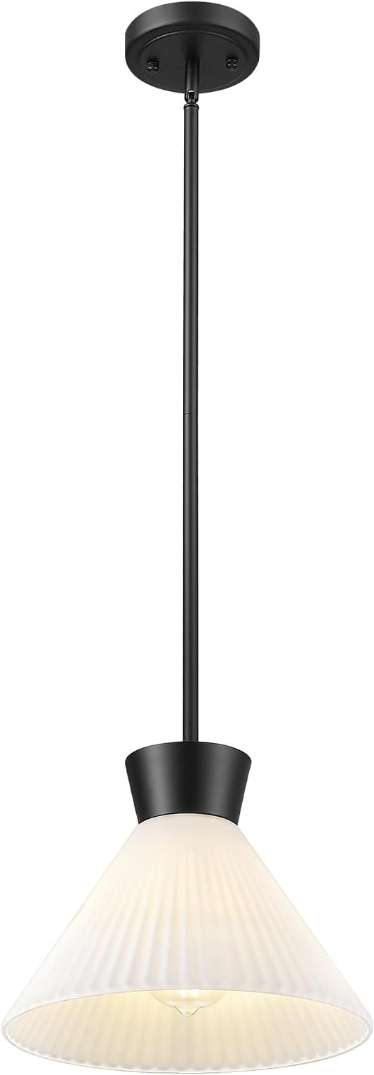 Pendant Lights Kitchen Island, HWH Milk Glass Pendant Light Black Hanging Light Fixture 1-Light, 11'' White Glass Pendant Lighting Height Adjustable, 5HZG98MIL BK