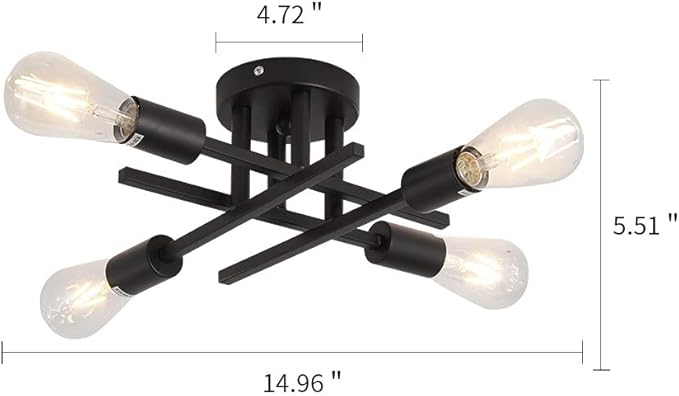 ZGLAOJT Semi Flush Mount 4 Light Ceiling Light Matte Black with E26 Base Modern Chandelier for Farmhouse Kitchen Dining Room Bedroom Study Living Room.