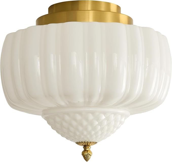 14 inch Vintage Semi Flush Mount Ceiling Light Gold Schoolhouse Ceiling Light Fixture Mid Century Milk Glass Ceiling Lamp for Kitchen Restaurant Bedroom and Hallway(White)