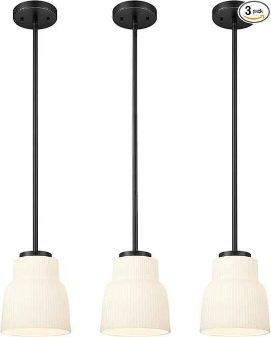 FEMILA 3 Pack Pendant Light for Kitchen Island, 6.7" Milk Glass Pendant Light Vintage Light Fixtures for Bedroom Hotel Dining Room, 4FYD87MIL-3PK BK
