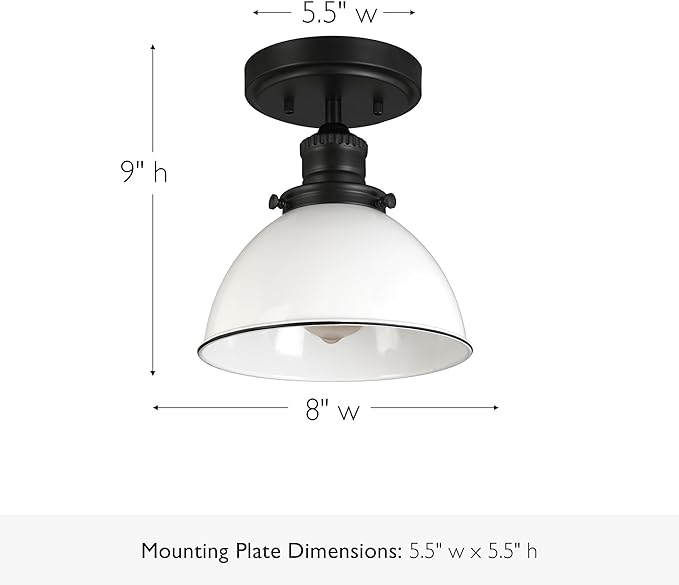 Design House Savannah Rustic Farmhouse Ceiling Light, Semi-Flush Mount, Dimmable, White Metal Shade, Matte Black, 8 in x 8 in x 9 in, 588319