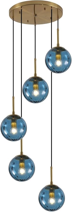 KCO Lighting Nordic Blue Glass Pendant Light 5-Light Globe Cluster Pendant Lighting Brushed Gold Kitchen Island Pendant Lights Modern Farmhouse Multi Pendant Hanging Light Fixture