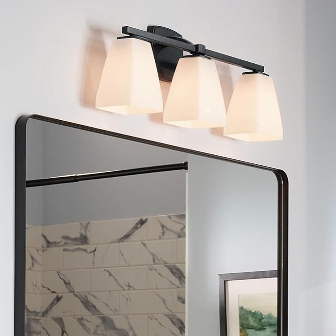 Kichler Marant 21.25" 3-Light Bathroom Vanity Light Fixture with Opal Glass in Black, Modern Wall Mount Lighting for Powder Room Over Mirror (21.25" W x 9.5" H), 55216BK