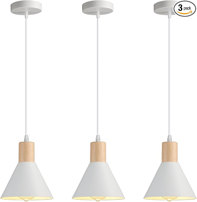 Pendant Lights Kitchen Island, 3 Pack Solid Wood Ceiling Hanging Lamp, Modern Matte White Pendant Lighting for Kitchen Over Island Dining Living Room Bedroom