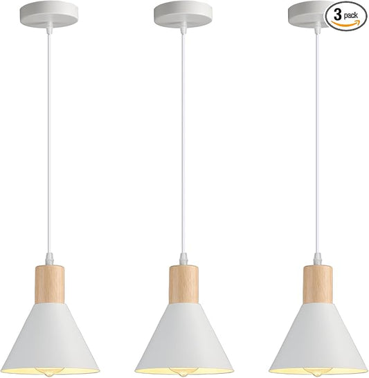 Pendant Lights Kitchen Island, 3 Pack Solid Wood Ceiling Hanging Lamp, Modern Matte White Pendant Lighting for Kitchen Over Island Dining Living Room Bedroom