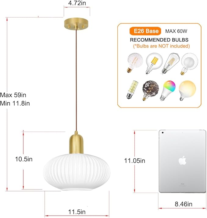 Modern Pendant Light, Brass Gold Kitchen Island Pendant Light Fixture, Pendant Lighting Fixture with Milky White Globe Glass Shade, Adjustable Ceiling Hanging Ligth for Bathroom Dining Room, 11.5in