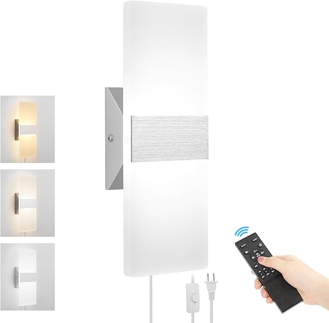 GOODATE Plug in Wall Sconces with Stepless Adjustable 3000K-6500K Colors and 10%-100% Brightness, Sconces Wall Lighting with Remote Control 12W Acrylic LED Wall Lamp with 6FT Plug in Cord, 1 Pack