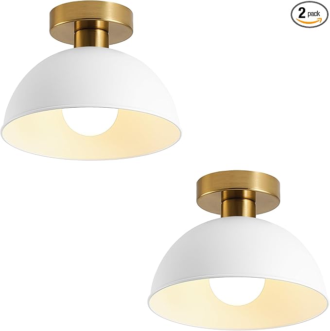 2-Pack Industrial Semi Flush Mount Ceiling Light with Gold Plate and White Shade, Farmhouse Ceiling Light Fixture for Kitchen Island Dining Room Foyer Hallway Porch Barn Loft，10in
