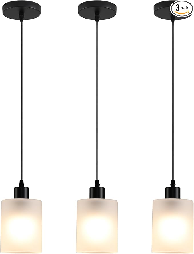 3-Pack Industrial Pendant Lighting, Modern Frosted Glass Shade Farmhouse Adjustable Hanging Light Fixtures for Kitchen Island Living Room Bedroom Hallway