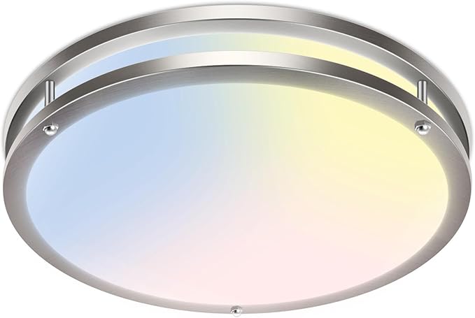zemty 1Pack 13Inch Brushed Nickel LED Flush Mount Ceiling Lights, Dimmable 3000K-6500K, 24W 2400LM Damp-Rated Stainless Steel Light Fixture for Kitchen Bathroom Bedroom Closet Laundry