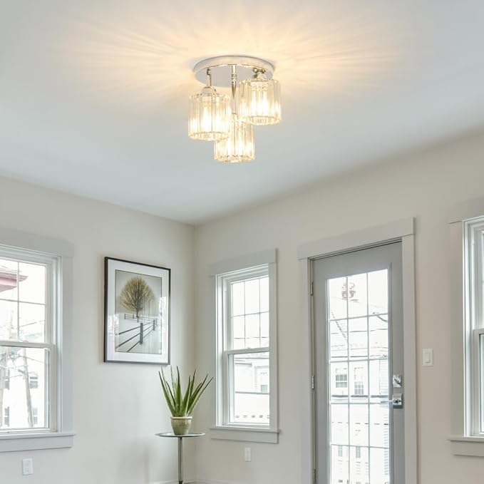 Crystal Ceiling Light Fixture, Chrome Semi Flush Mount Ceiling Light Fixture, 3-Light Hallway Lighting with Clear Crystal Shades for Kitchen Entryway Bedroom Bathroom Foyer, E26