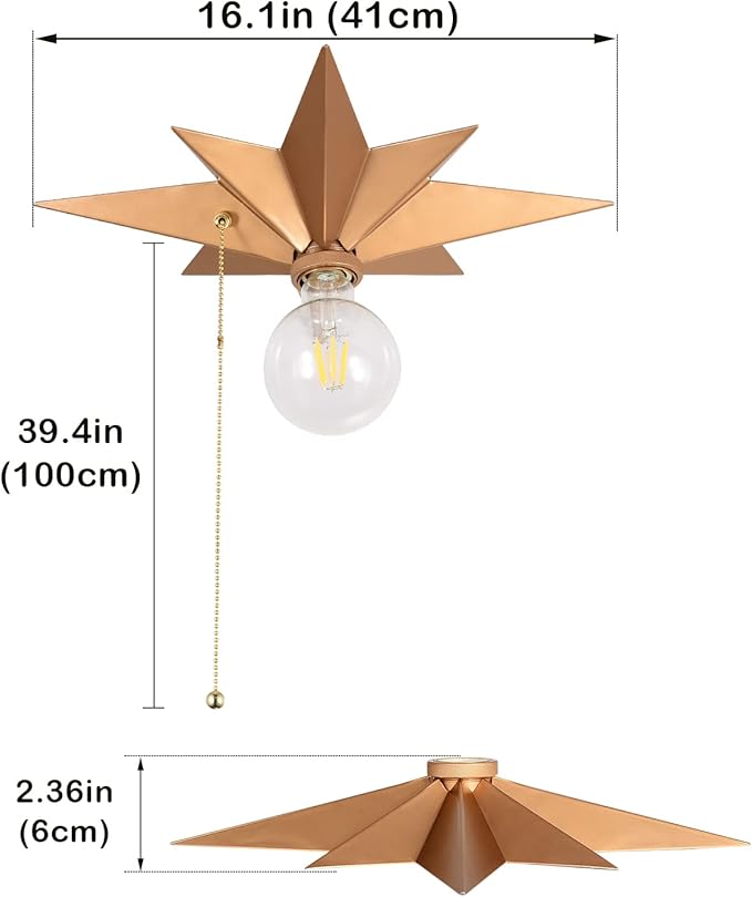 Flush Mount Ceiling Light Fixture with Pull Chain, Brass Star Ceiling Light, Industrial Light Fixtures Ceiling Mount for Hallway, Entryway, Study, Bedroom, Stair, Foyer, Kitchen, Bathroom - Metal