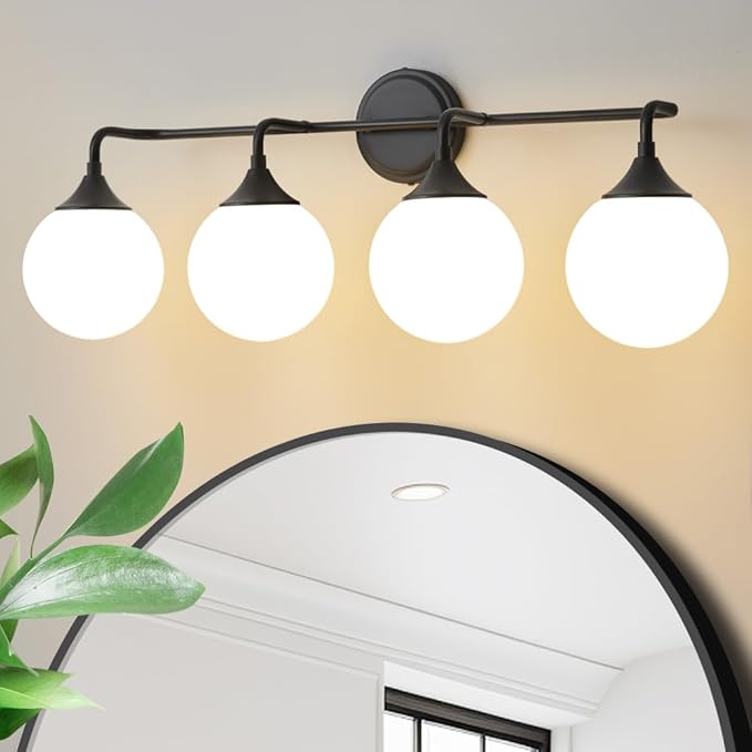 Black Bathroom Light Fixtures, Modern Vanity Lighting Over Mirror, Mid Century Brushed Brass Wall Sconce 4-Light with Milky White Glass Ball Shades