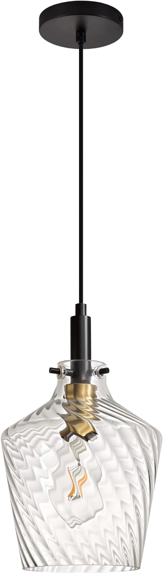 Modern Stripes Clear Glass Pendant Lighting for Kitchen Island 1 Pack, Farmhouse Black and Gold Pendant Light Fixtures, Height Adjustable Ceiling Pendant Light, 8 Inch