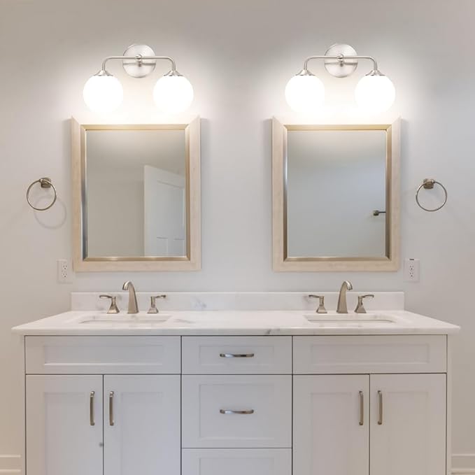 Modern Brushed Nickel 2-Lights Bathroom Vanity Lights, Bathroom Lighting Fixtures Over Mirror with Milk White Globe Glass Shade, Elagant Wall Sconces for Dressing Table Bedroom Living Room