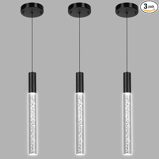 Modern Black Acrylic Pendant Light Fixture, 1-Light 3-Color LED Pendant Lighting Cord Adjustable Ceiling Hanging Lights for Kitchen Island Living Room Bedroom Dining Room (3 Pack)