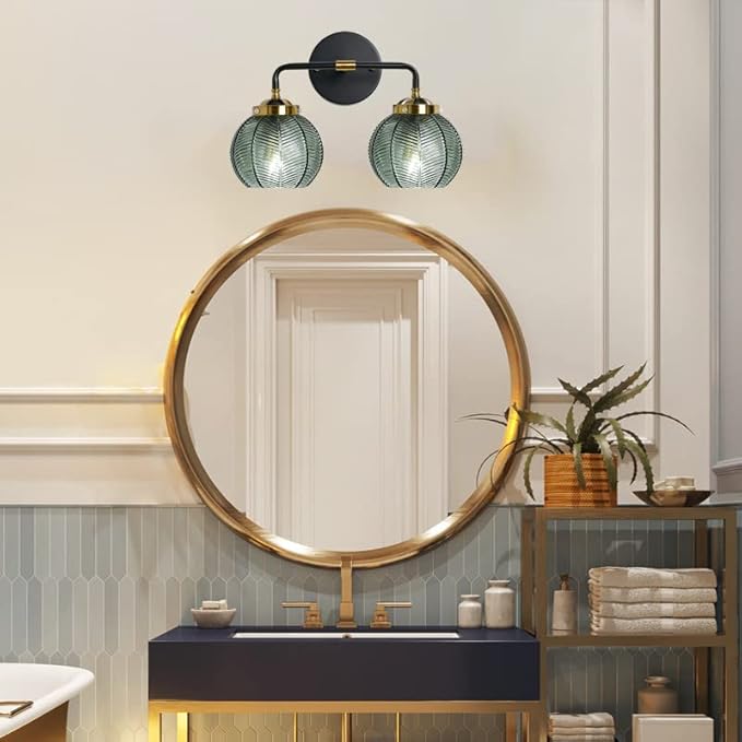 Mid Century Vanity Light Black Bathroom Wall Light Fixtures Green Glass Wall Sconce lamp Ribbed Glass Shade Modern Art Deco Vanity Lights for Over Mirror Bedroom Hallway 2 Lights