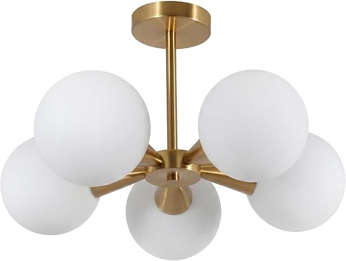 Bektas 5-Lights Semi Flush Mount Ceiling Light Fixture Brushed Gold Light Fixture Straight Bar Modeling with Milk Glass Globe for Bedroom,Living Room, Dinning Room Foyer Hallway