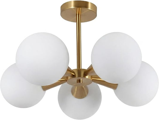 Bektas 5-Lights Semi Flush Mount Ceiling Light Fixture Brushed Gold Light Fixture Straight Bar Modeling with Milk Glass Globe for Bedroom,Living Room, Dinning Room Foyer Hallway