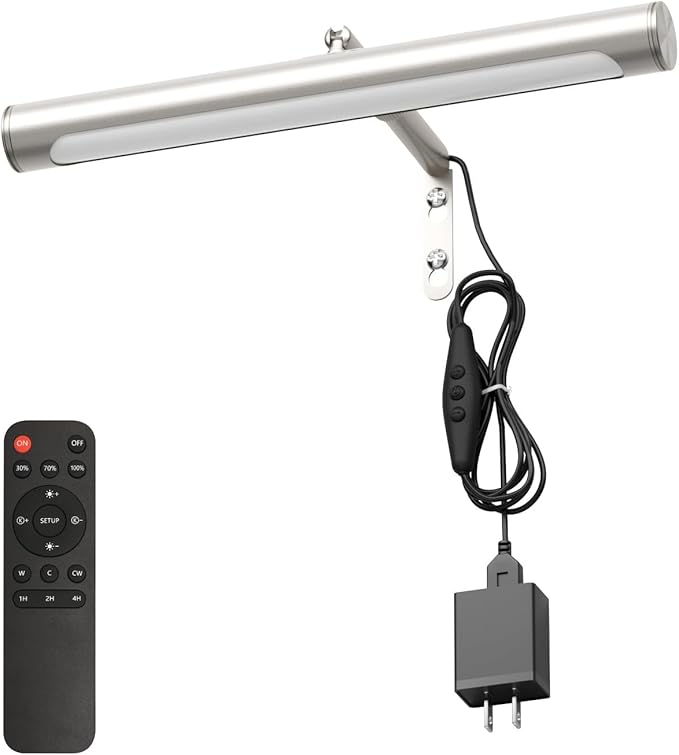 4W Picture Light Plug in, 12" Adjustable LED Art Light with Remote Control, Dimmable Wall Light for Picture Display Dartboard Art Work (Nickel)