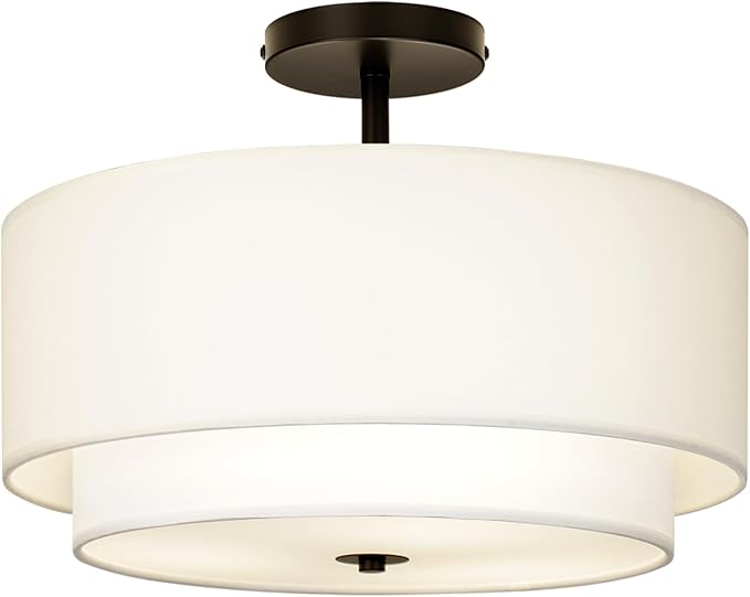 16" Dual Drum 3-Light Semi Flush Mount Ceiling Light, White Classic Fabric Linen Shade Design for Living Room, Bedroom, Kitchen, Dining Room, Hallway and Entryway