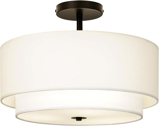 16" Dual Drum 3-Light Semi Flush Mount Ceiling Light, White Classic Fabric Linen Shade Design for Living Room, Bedroom, Kitchen, Dining Room, Hallway and Entryway