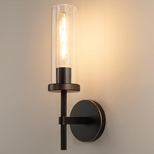 15" Knurled Brass Wall Sconce with Clear Glass Tube, Black Gold Bathroom Vanity Light Fixtures, Modern Lamp Lighting for Bedroom, Living Room, Hallway, Staircase, Mirror, Kitchen