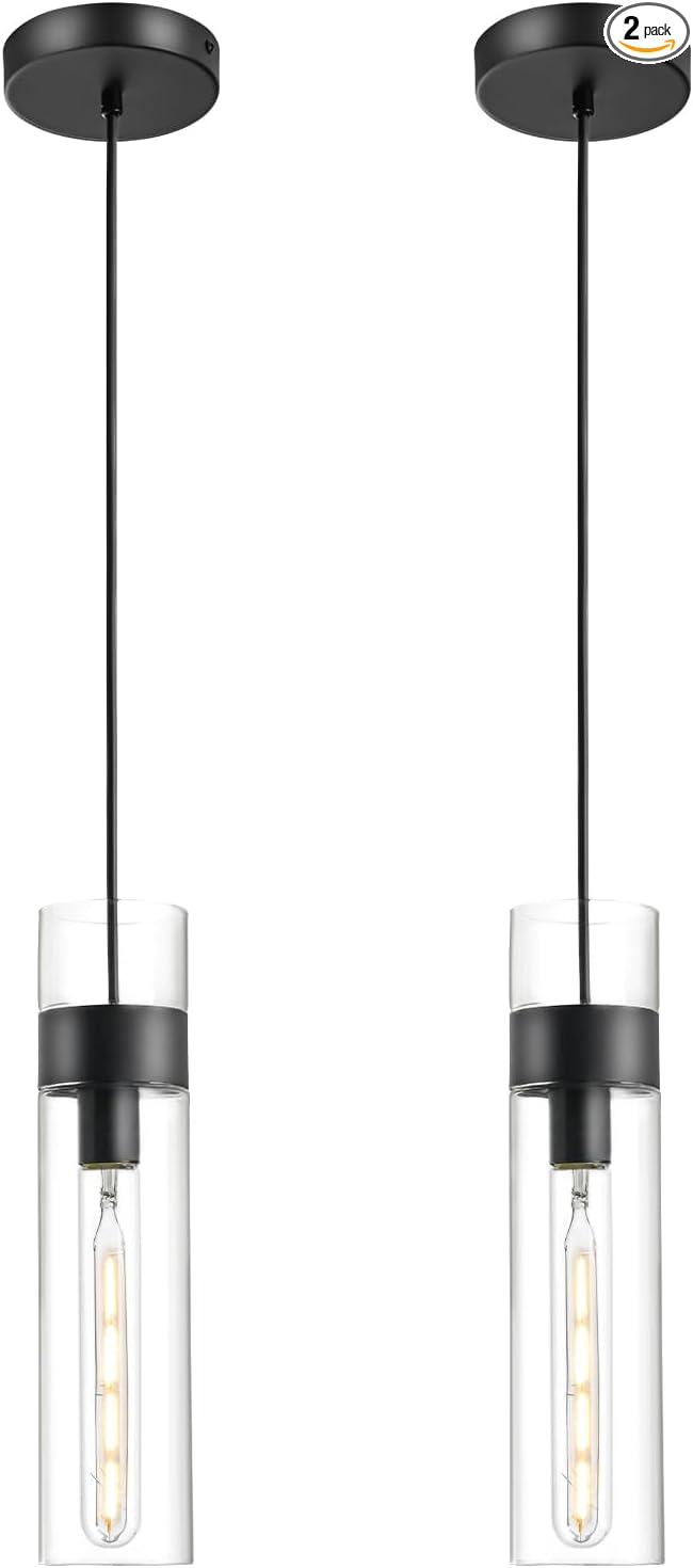 2 Pack Black Pendant Lights Kitchen Island (Bulbs Included), Adjustable Modern Glass Pendant Light Over Island, Industrial Pendant Light Fixtures for Dining Room Hallway Bedroom Living Room