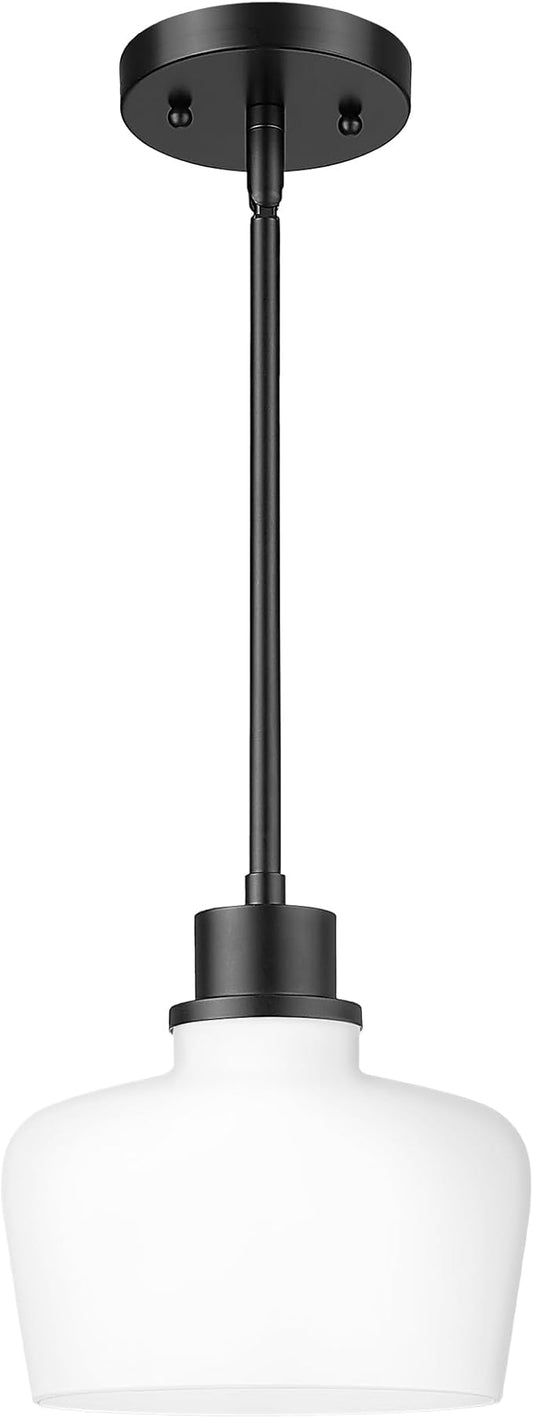 Emak Modern 8 Inch Black Pendant Light, Farmhouse Pendant Lighting with Milk Glass Shade, 1 Light Hanging Light Fixture for Kitchen Island, Dining Room, Bathroom, Bedroom, PL122-BK-ML