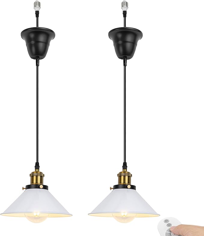2 Pcs Ceiling Light Conversion Dimmable Pendant E26 Base Connections Metal White Cone Shade Industrial Style Adjusted 3.2ft Wire Conversion Kit for E26 Spot Light