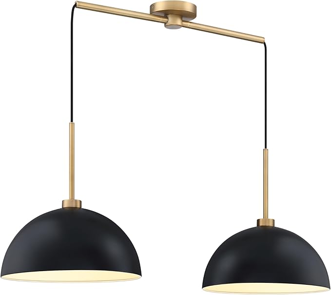 Nathan James Percy Modern 2-Light Pendant Island Light Fixture, Hanging Lights with Metal Shade and Adjustable Cord, for Kitchen, Living Room, Black/Vintage Brass, Set of 2