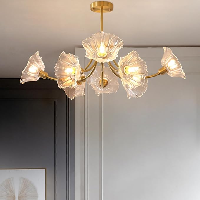 Gold Brass Ceiling Lights Fixture Semi Flush Mount Chandelier 8-Lights with Clear Glass Flower Shape Gold Mid Century Modern Ceiling Lighting for Bedroom Living Room Dining Room