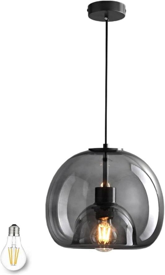 Large Smoke Glass Pendant Light for Kitchen Island, Includes Extra Bulb & 4.26FT Adjustable Cord, Modern Pendant Lighting Fixtures for Kitchen, Dining Room, Living Room(9in, 1-Pack)