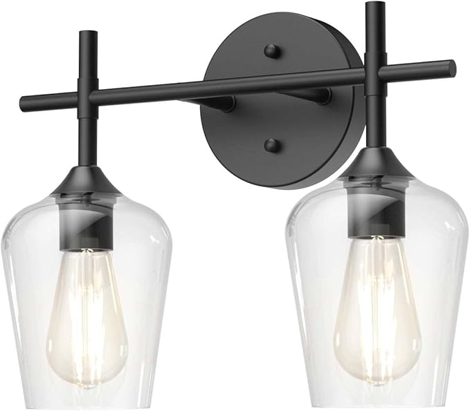 Ralbay Vintage Black Bathroom Light Fixtures 2-Lights Industrial Matte Black Finish with Clear Glass Black Vanity Lights Farmhouse Bathroom Vanity Lights Wall Sconce